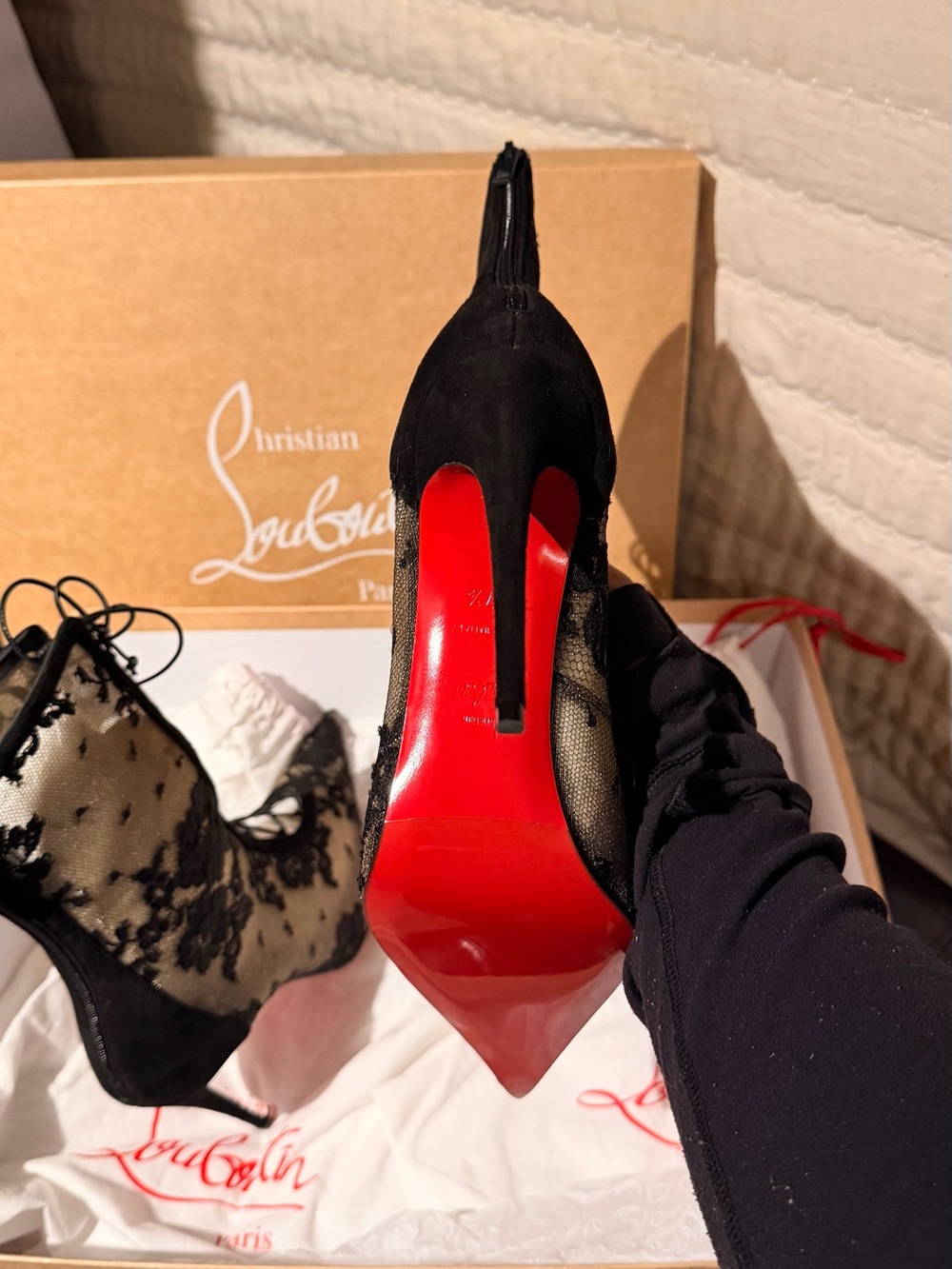 Christian Louboutin Black Lace Pointed Lace-Up Ankle Boots with Red Sole - Picture 3 of 10